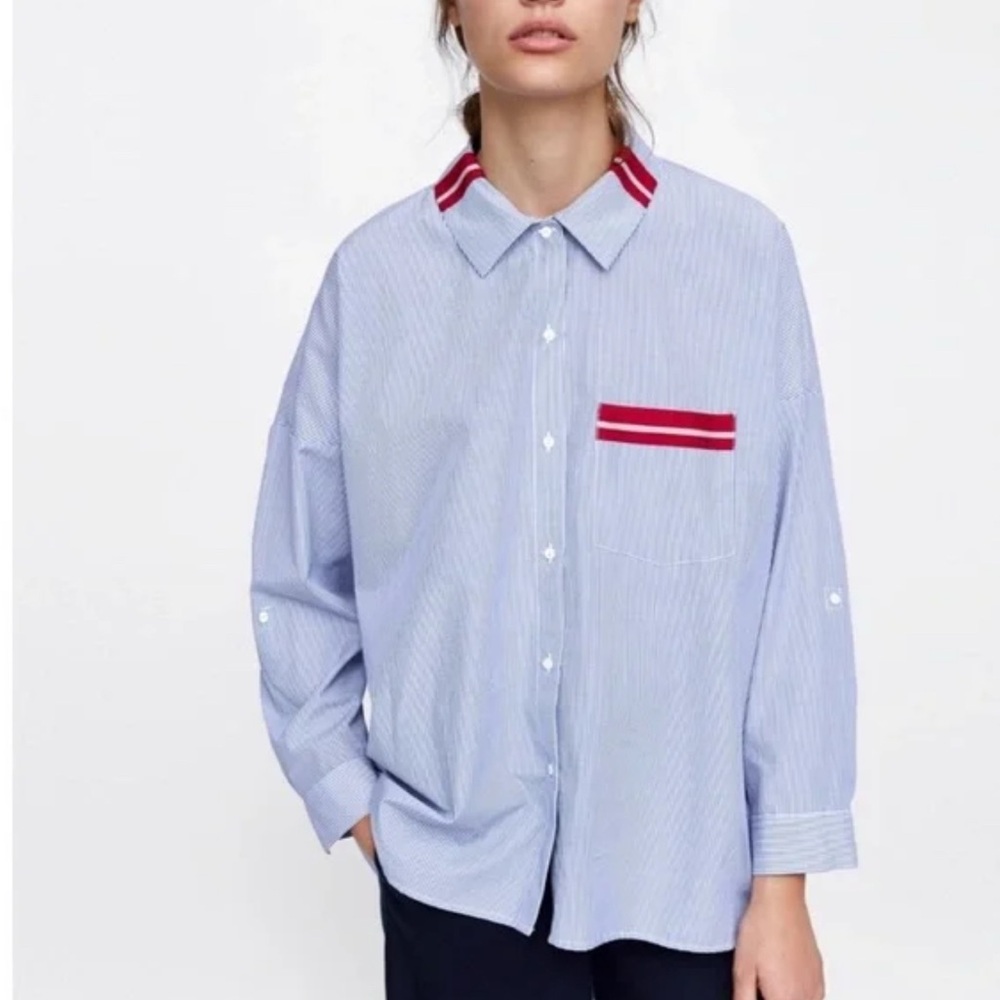 Zara Blue White Striped Poplin Button Down Shirt Red Contrast Oversized XS NWOT